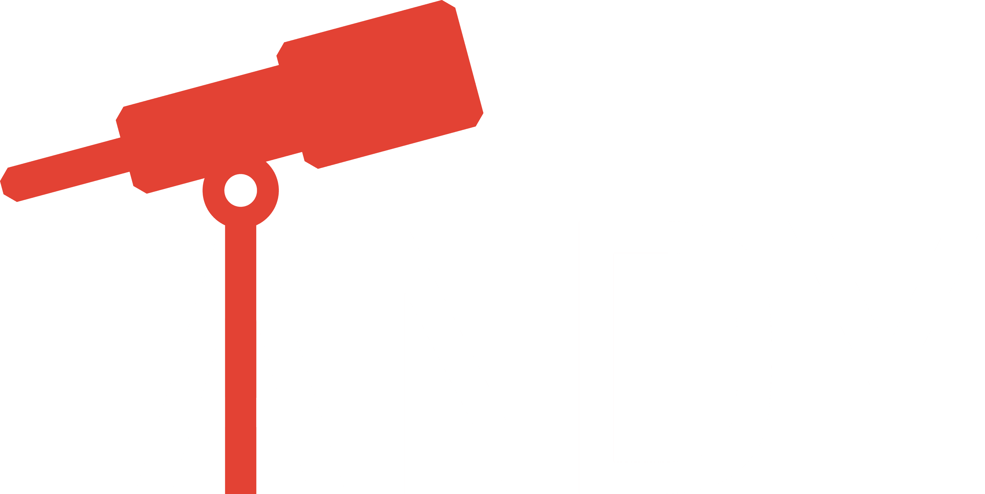 Large 'ANDY' in white DIN Mono, with 'T' stylized as telescope superimposed over the 'A'