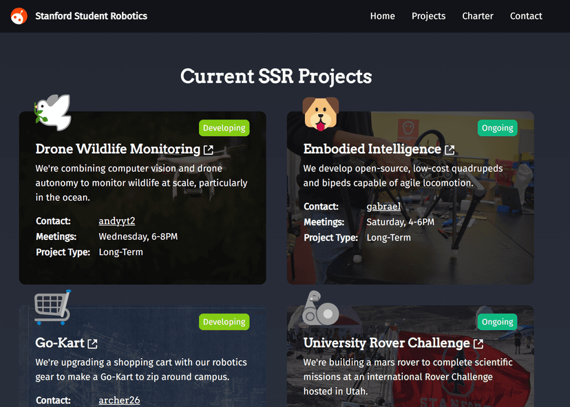 A partial picture of the projects page on our robotics website.